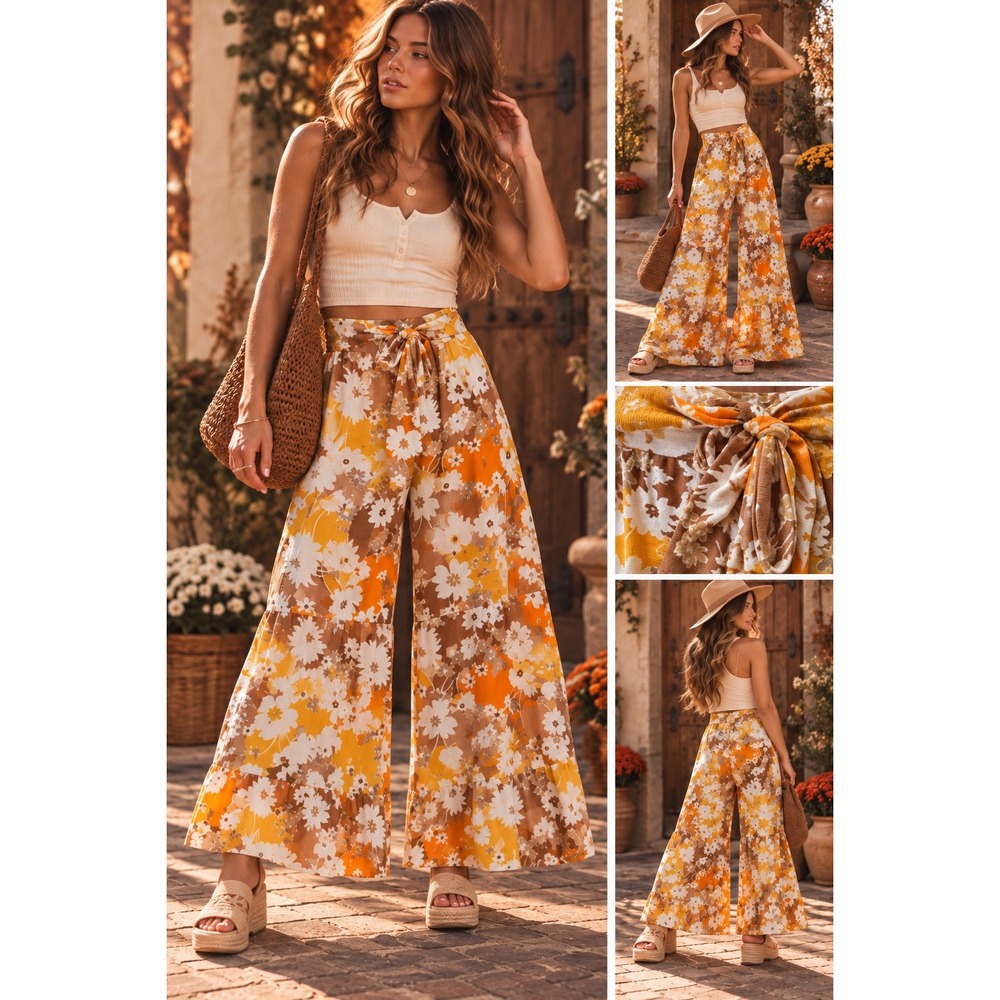 Cato Womens XL Floral Wide Leg Tiered Pants Orange Yellow Retro Boho Palazzo